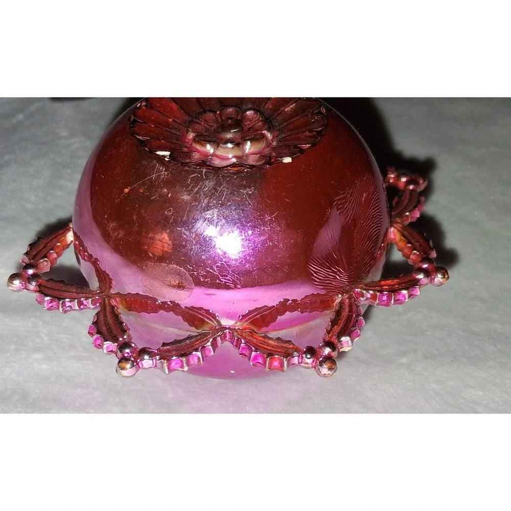 Vintage Pink Glass Christmas Ornament Metal Filigree Floral Medallion 3